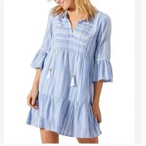 Tommy Bahama Linen Blend Stripe Tiered Dress V-Neck Tassels Bell Sleeve SZ L